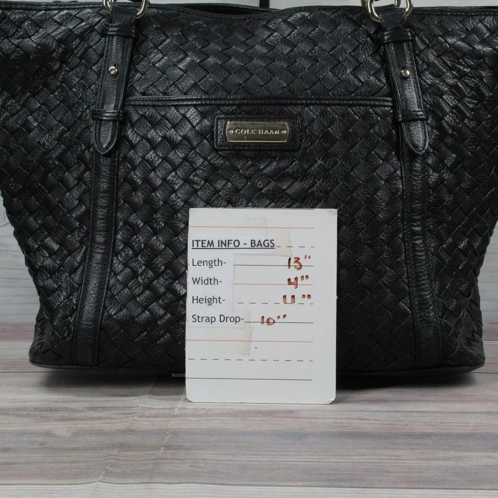 Cole Haan Black Genuine Leather Woven Design Tote Shoulder Bag - Picture 10 of 10